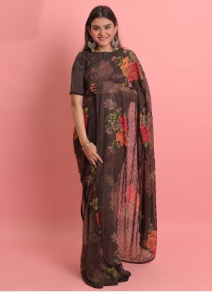 Brown Georgette Flower Print Designer Sari