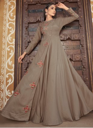 Brown Muslin Embroidered Readymade Gown