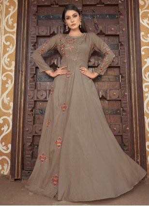 Brown Muslin Embroidered Readymade Gown
