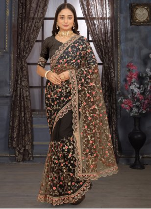 Brown Net Embroidered Contemporary Sari