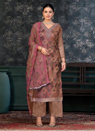 Brown Organza Hand Work Pant Style Suit