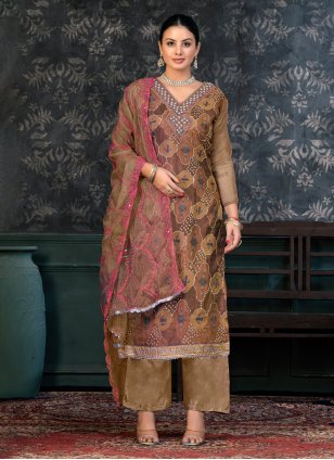 Brown Organza Hand Work Trendy Salwar Suits