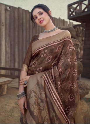 Brown Organza Printed Designer Sari