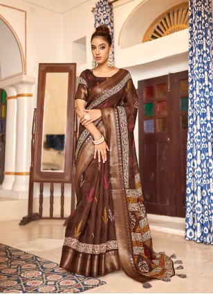 Brown Poly Cotton Printed Designer Sari