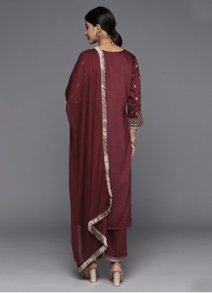 Brown Silk Blend Embroidered Readymade Salwar Suits