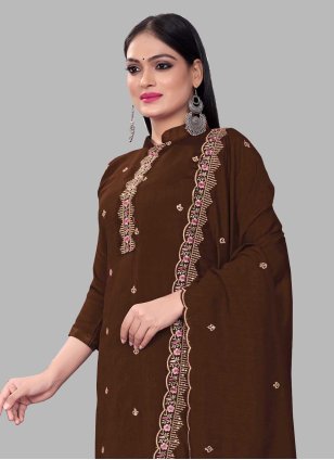 Brown Silk Embroidered Straight Salwar Suit