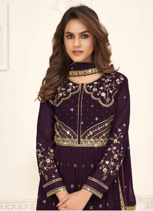 
                            Burgundy Georgette Embroidered Trendy Salwar Suits