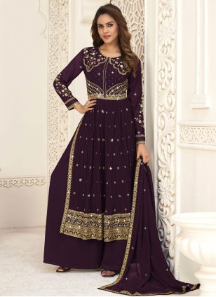 Burgundy Georgette Embroidered Trendy Salwar Suits