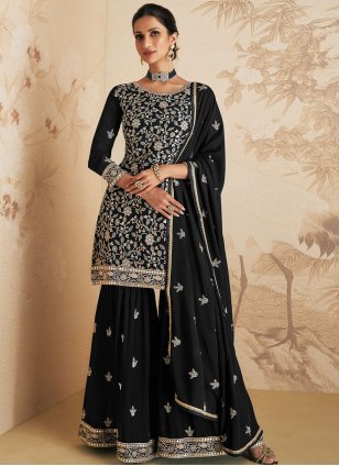 Classical Black Georgette Embroidered Sharara Salwar Suits