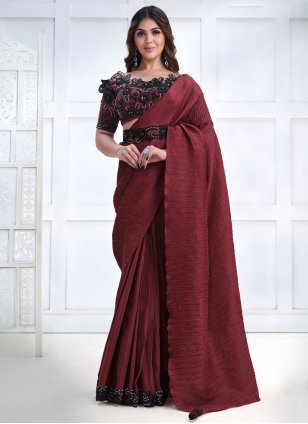 Contemporary Saree Embroidered Crepe Silk in Maroon