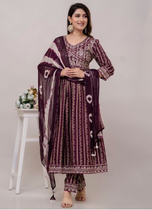 Cotton Embroidered Pant Style Suit in Wine