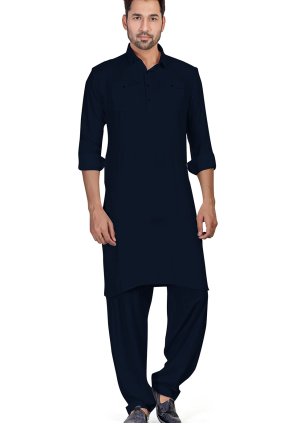 Cotton  Embroidered Pathani Suit in Black for Men