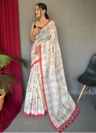 Buy Subtle White Fancy Fabric Designer Saree | Inddus.com.