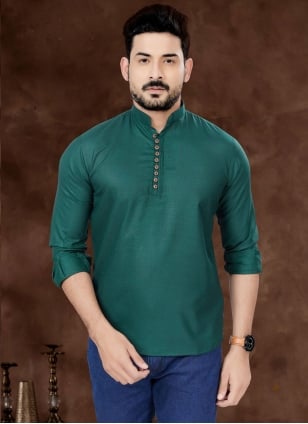 Cotton  Sea Green Short Kurta for Men