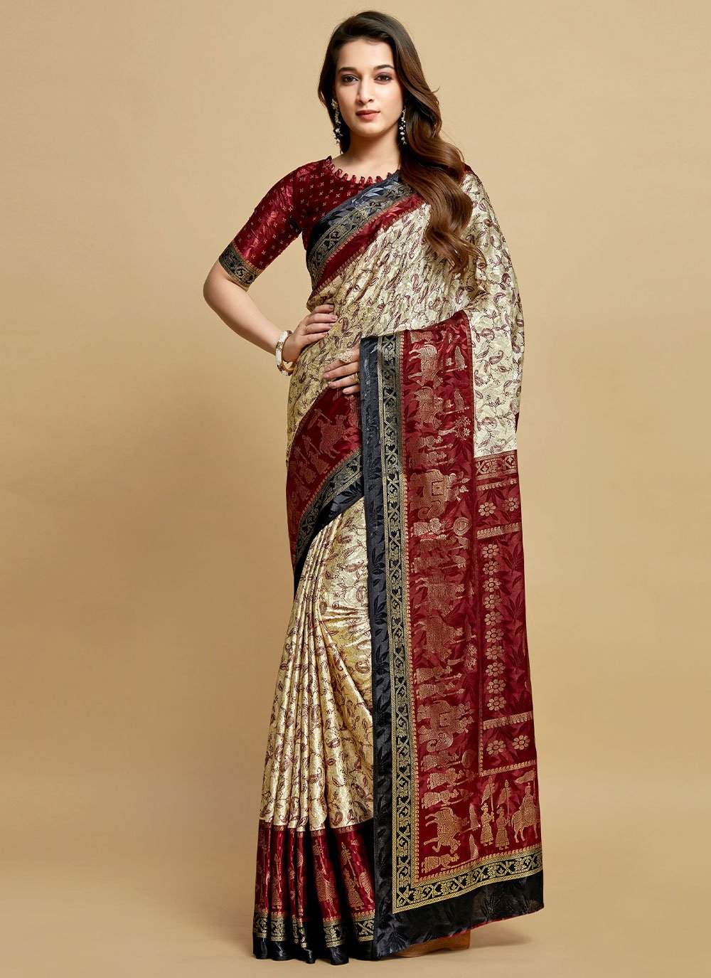 Cream and Maroon Silk Jacquard Trendy Sari