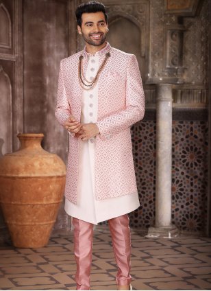 Cream and Pink color Embroidered Art Silk Indo Western