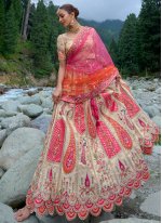 Cream and Pink Silk Embroidered Trendy Ghagra Choli