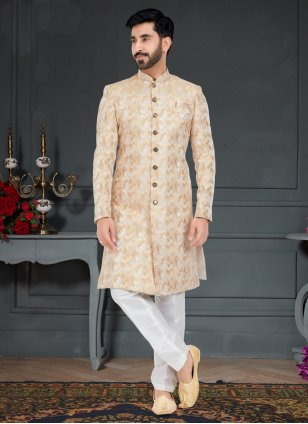 
                            Cream and White Jacquard Weaving Indo Western for Men