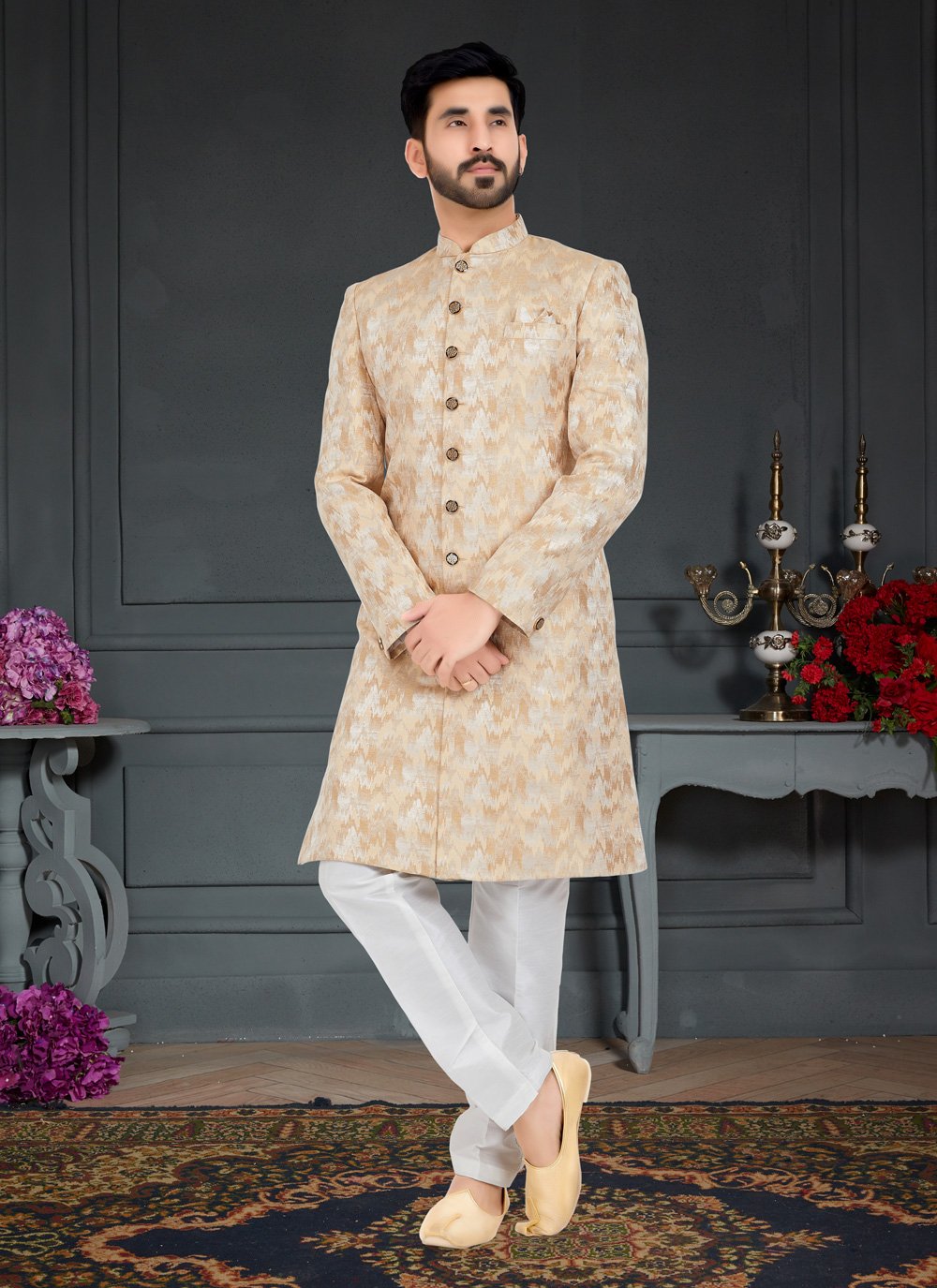 Cream and White Jacquard Weaving Indo Western for Men