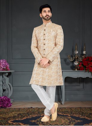 Cream and White Jacquard Weaving Indo Western for Men