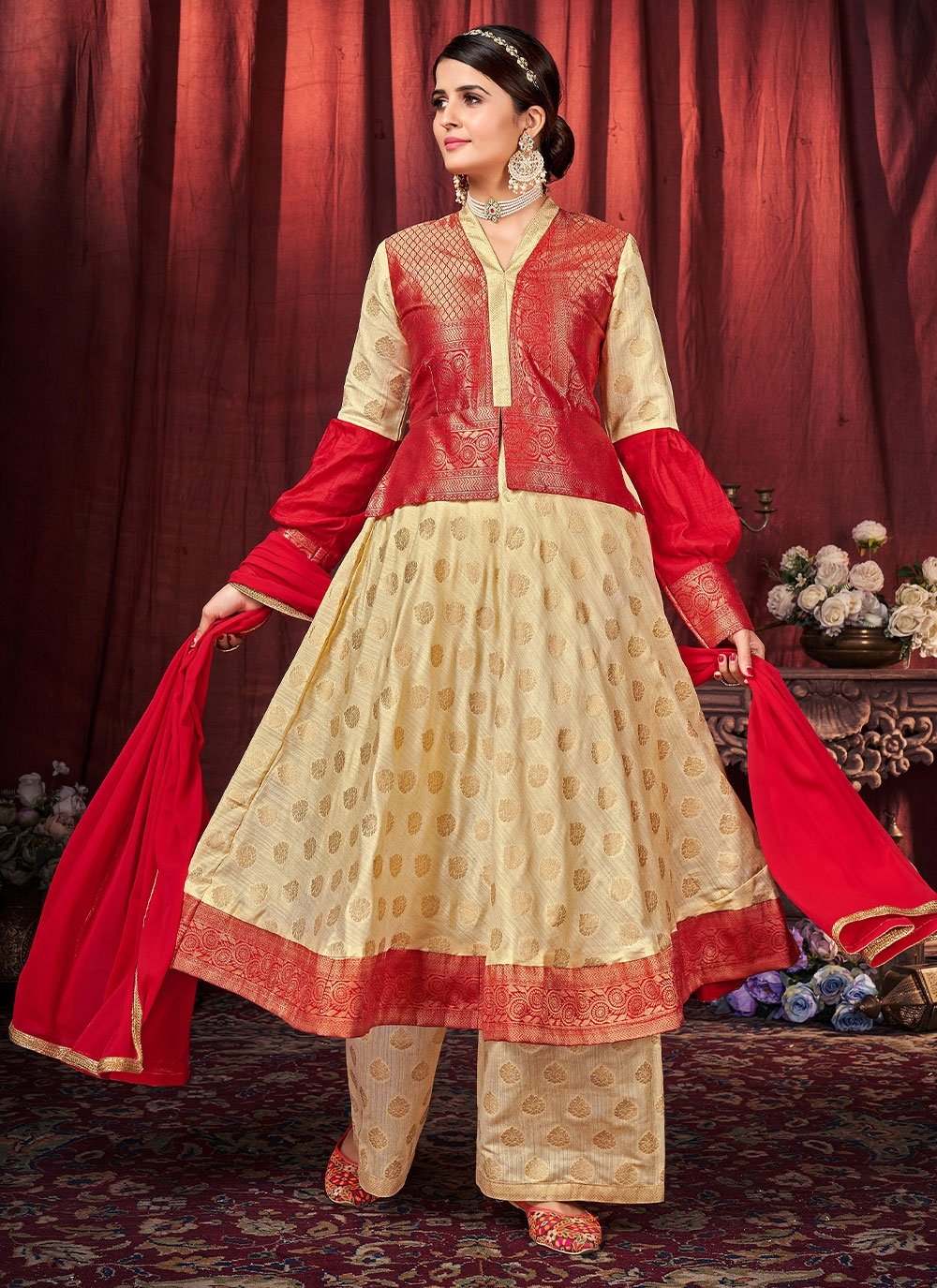 Buy Radiant Cotton Cream And Red Punjabi Suit