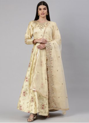 Cream Banarasi Jacquard Embroidered Readymade Trendy Gown