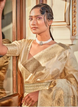 Cream Banarasi Silk Weaving Trendy Sari