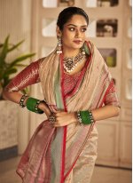 Cream Banarasi Silk Weaving Trendy Sari