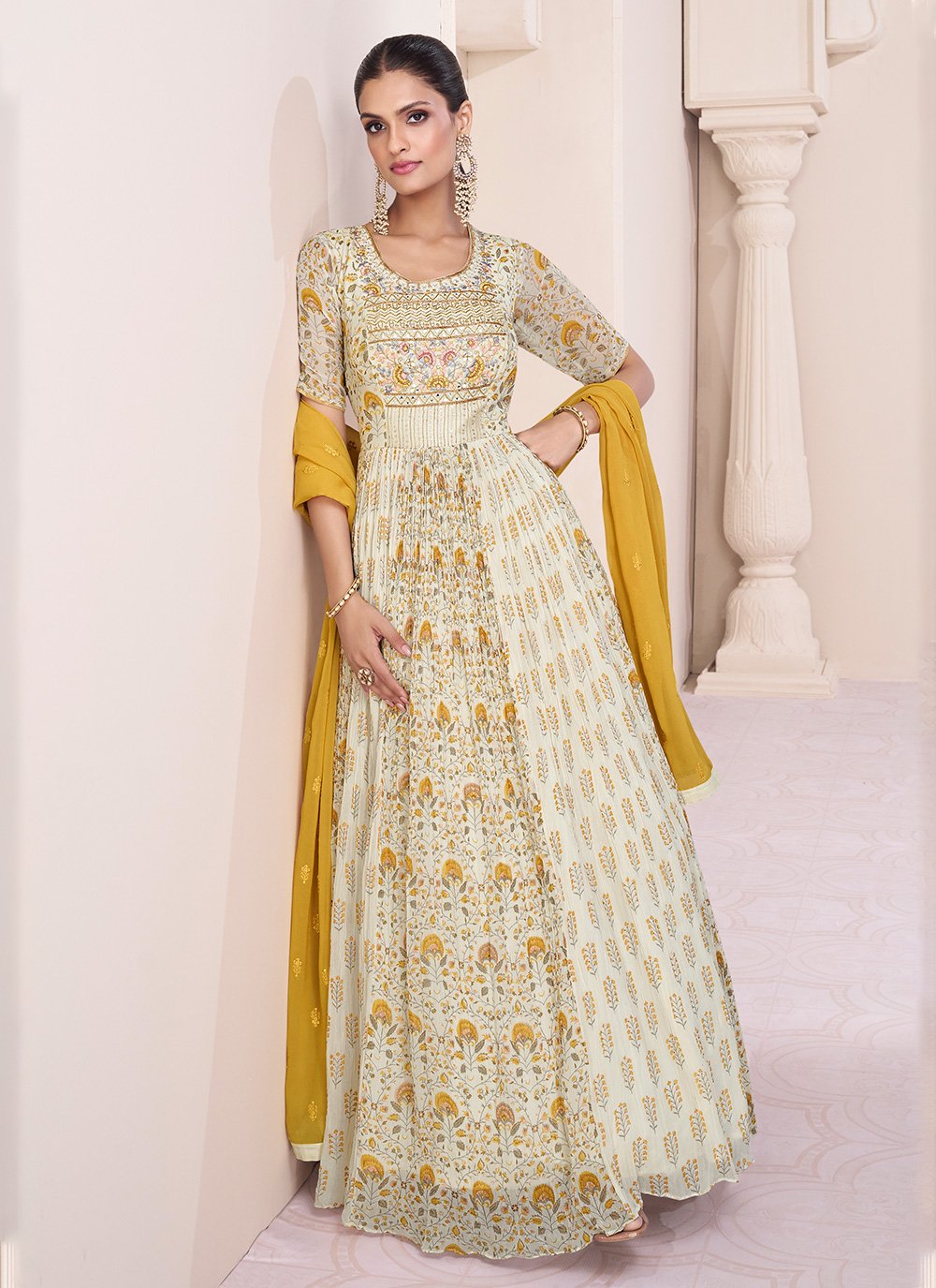 Buy Designer Georgette Printed Work Gown in Cream Color | Appelle Fashion