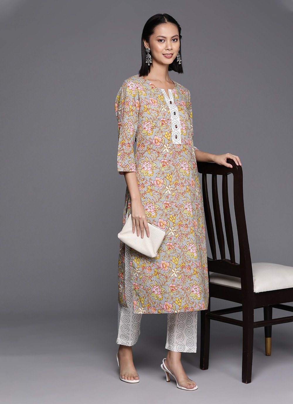 Be the show stopper as you don this smart white & grey geometric print  patterns worked designer kur… | Kurti designs, Designer dresses indian,  Stylish dress designs