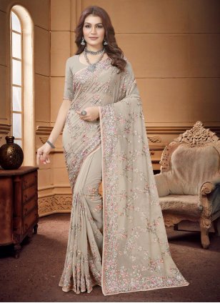 Cream Georgette Embroidered Designer Sari