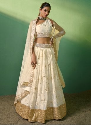 Cream Georgette Embroidered Lehenga Choli