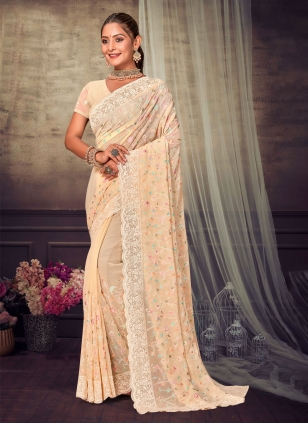 Cream Georgette Embroidered Trendy Saree