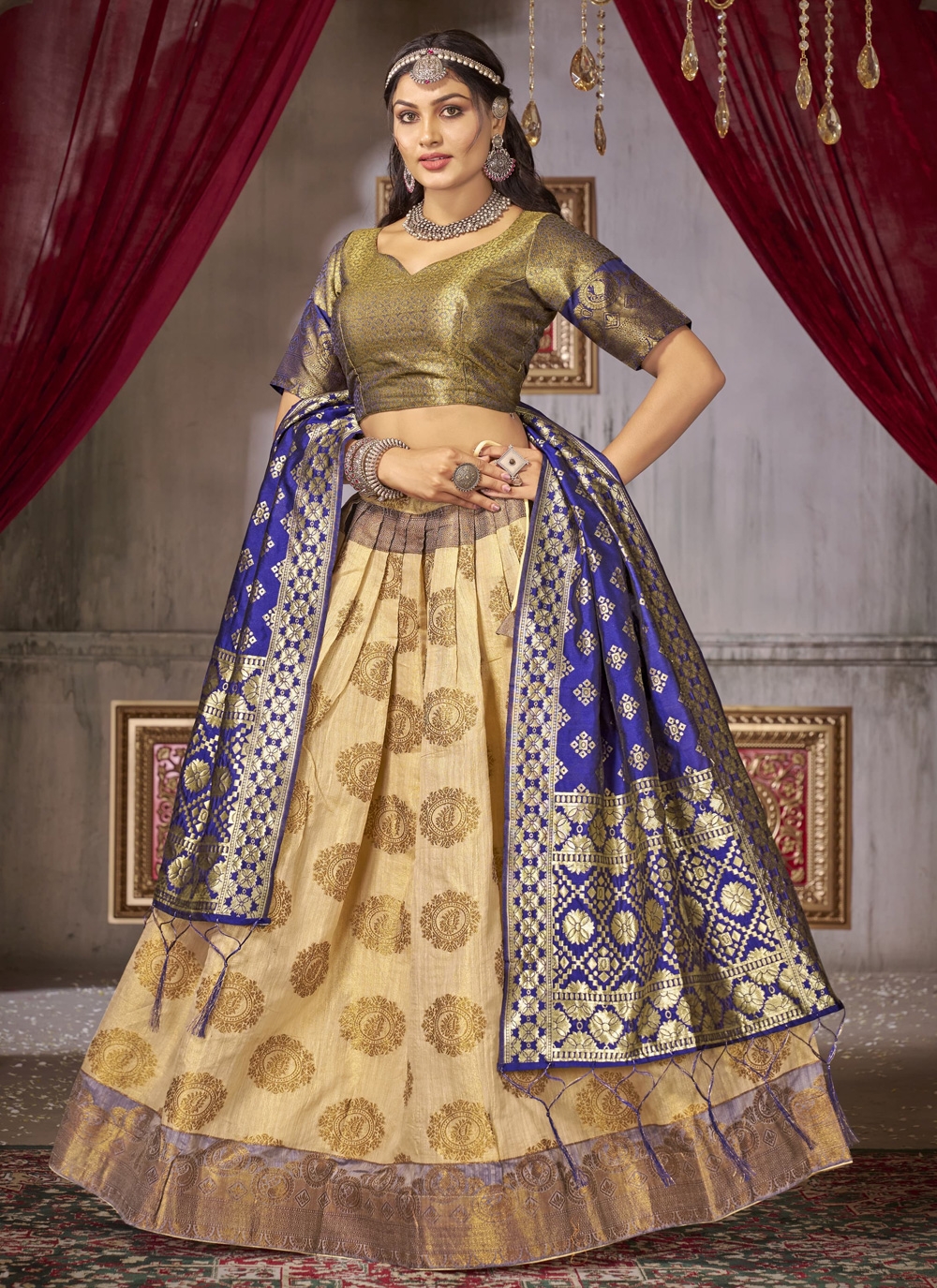 Patola Printed Art Silk Lehenga in Navy Blue : LGF8