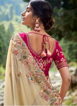 Cream Organza Embroidered Classic Sari