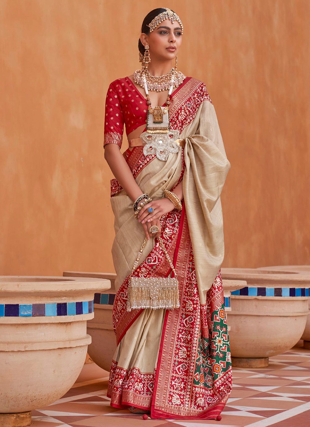 AP Sarees Cream & Red Festive Silk Blend Woven Design Saree With Unstitched  Blouse