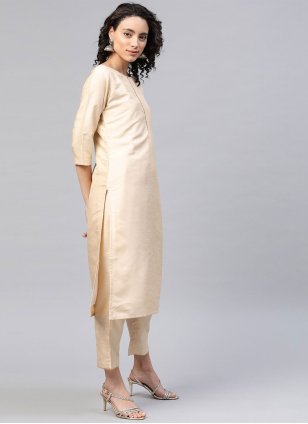 Cream Poly Silk Plain Readymade Salwar Suits