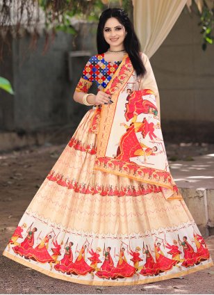 Cream Ivory Banarasi Lehenga Set with Mirror Embroidered Blouse and Dupatta  - Seasons India