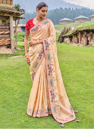 Cream Silk Embroidered Trendy Sari