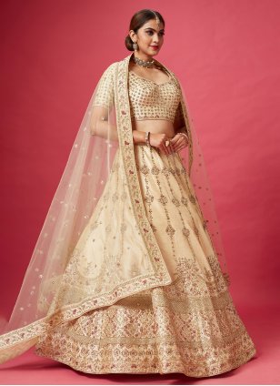 Buy Online Pink and Cream Embroidered Chanderi Silk Lehenga in USA – Pure  Elegance