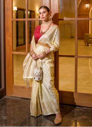 Cream Silk Weaving Classic Traditional Saree for Wedding