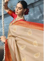 Cream Silk Weaving Designer Sari