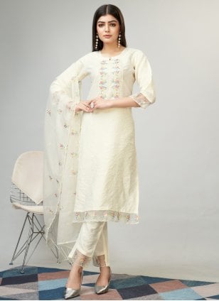 Cream Viscose Embroidered Pant Style Suit