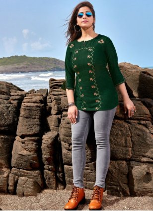 Embroidered Green Casual Top Tunics