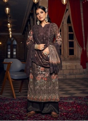 Embroidered Brown Georgette Palazzo Salwar Suit
