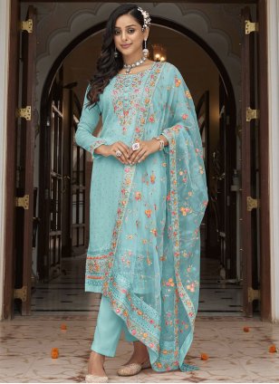 Buy Embroidered Faux Georgette Salwar Suit in Sky Blue (NWS-6894) Online