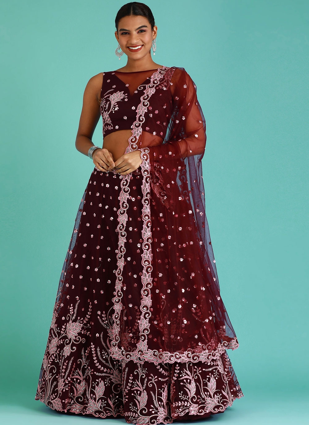 Maroon Lehenga Choli in Net with Embroidered