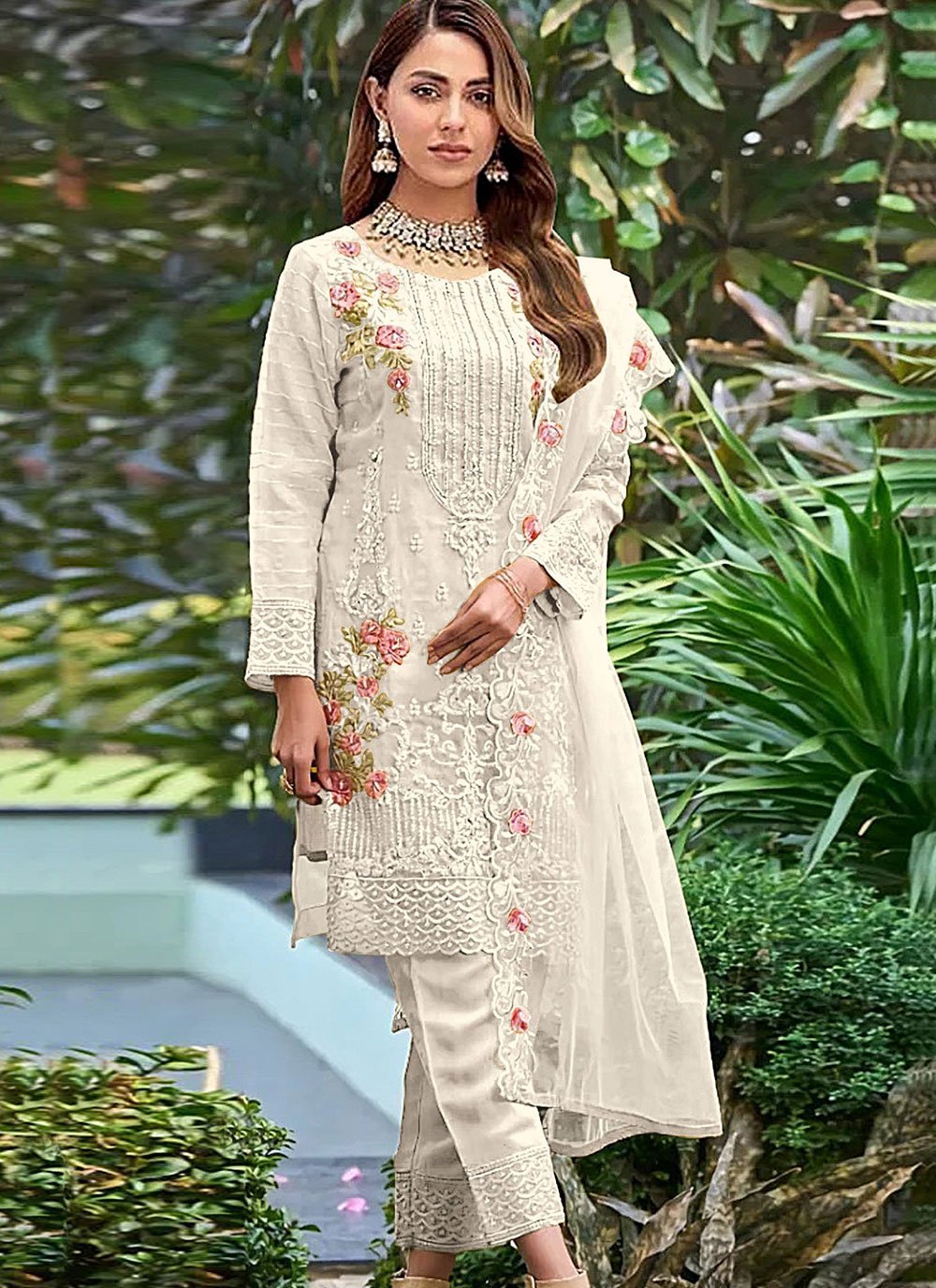embroidered organza pakistani salwar suit in white 86381