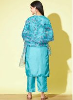 Embroidered Silk Blend Pant Style Suit in Aqua Blue