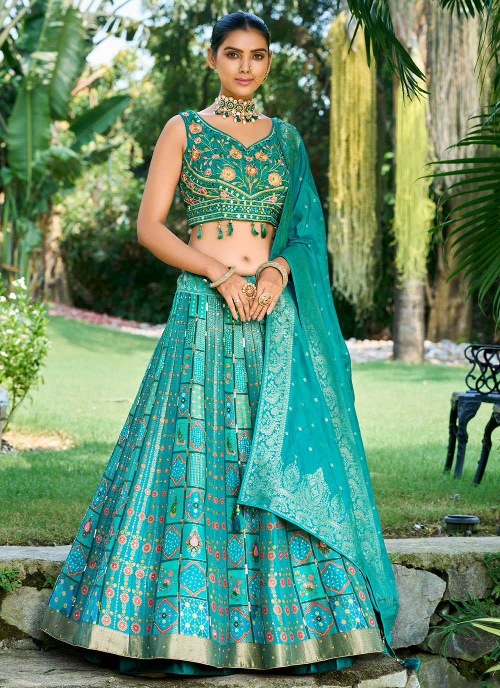 embroidered silk readymade lehenga choli in sea green 94124